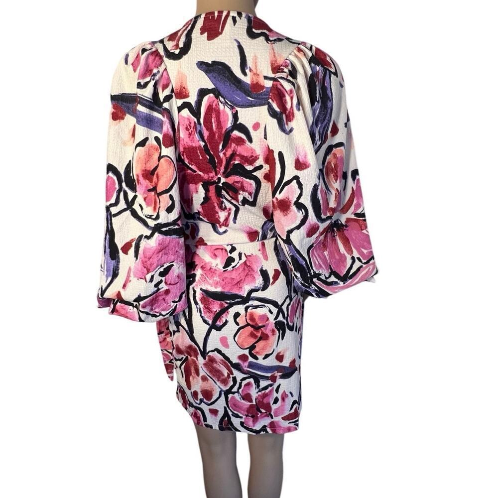 H&M ladies XS puff elastic sleeve red pink maroon wrap dress coverup floral mini - Picture 6 of 10